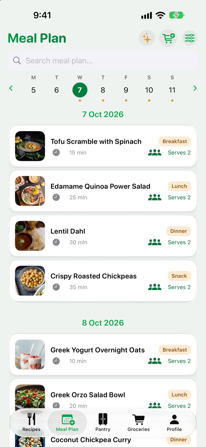 VeggieMate meal plan with a full week of vegetarian meals