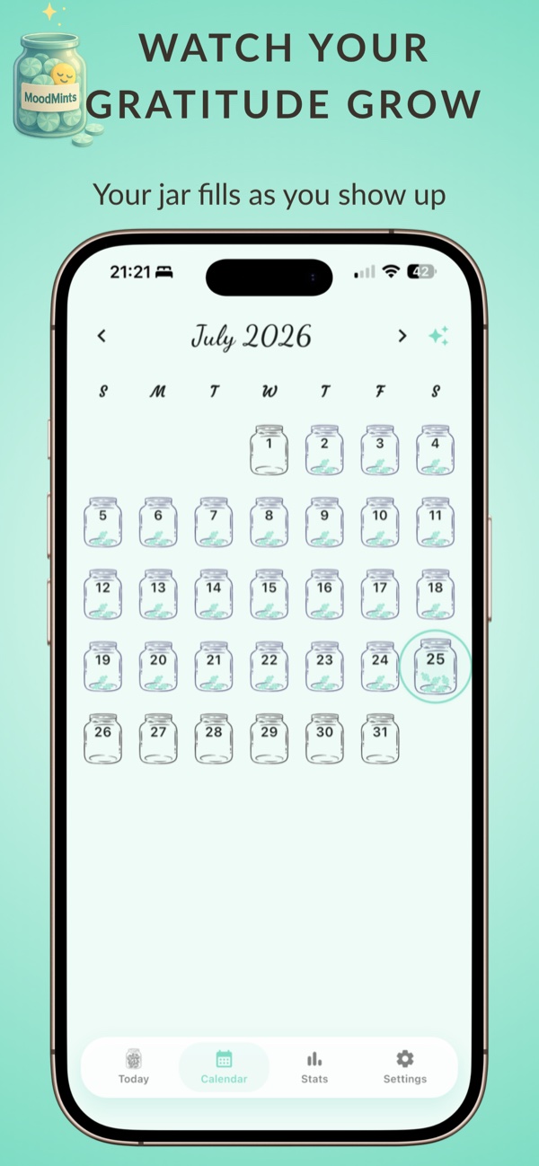 MoodMints screenshot: Monthly calendar of mood jars