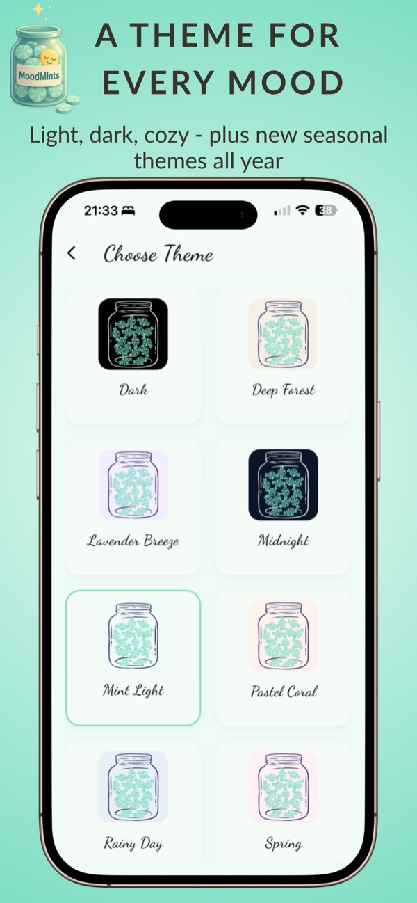 MoodMints screenshot: Theme picker with different jar styles