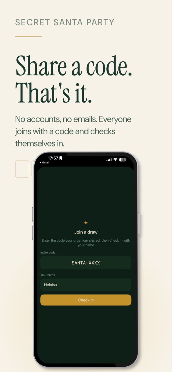 Secret Santa Party screenshot: Share a code — everyone joins and checks themselves in