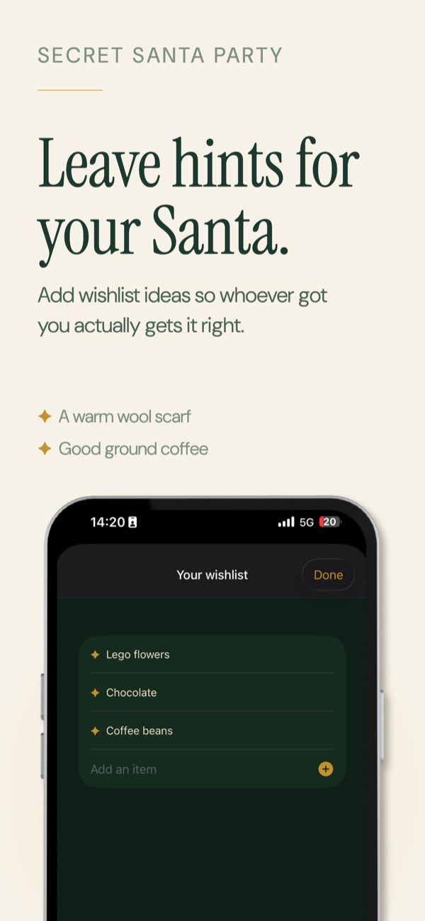 Secret Santa Party screenshot: Leave hints for your Santa with a wishlist