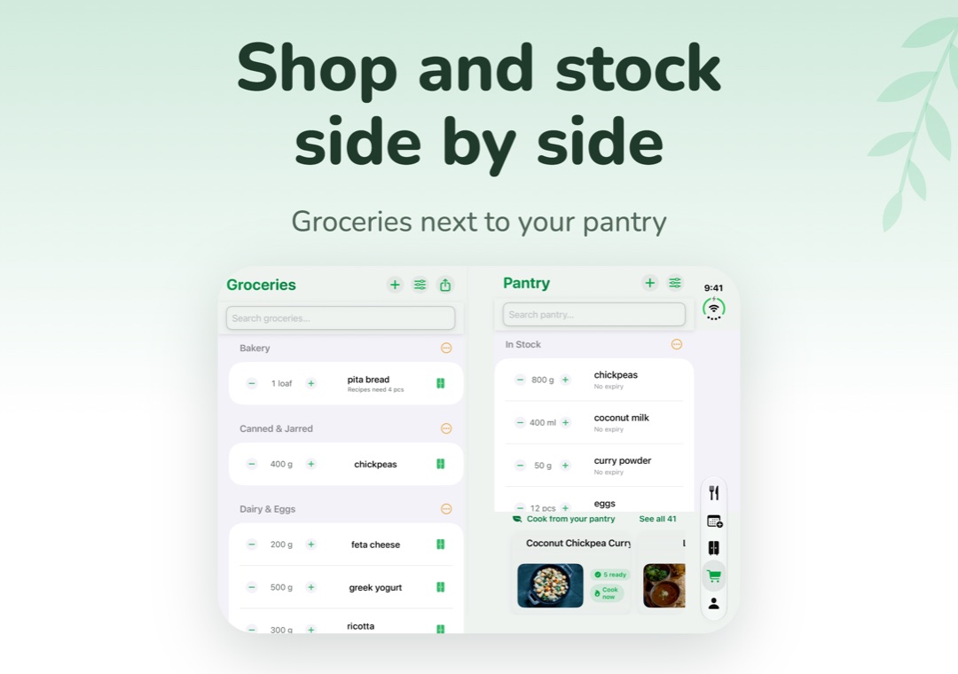 VeggieMate on iPhone Duo: groceries and pantry side by side