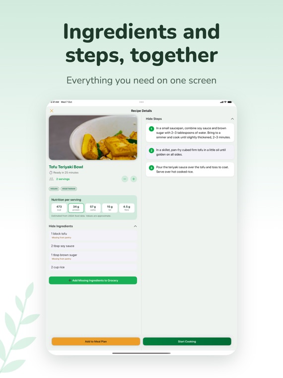 VeggieMate on iPad: ingredients and steps together on one screen