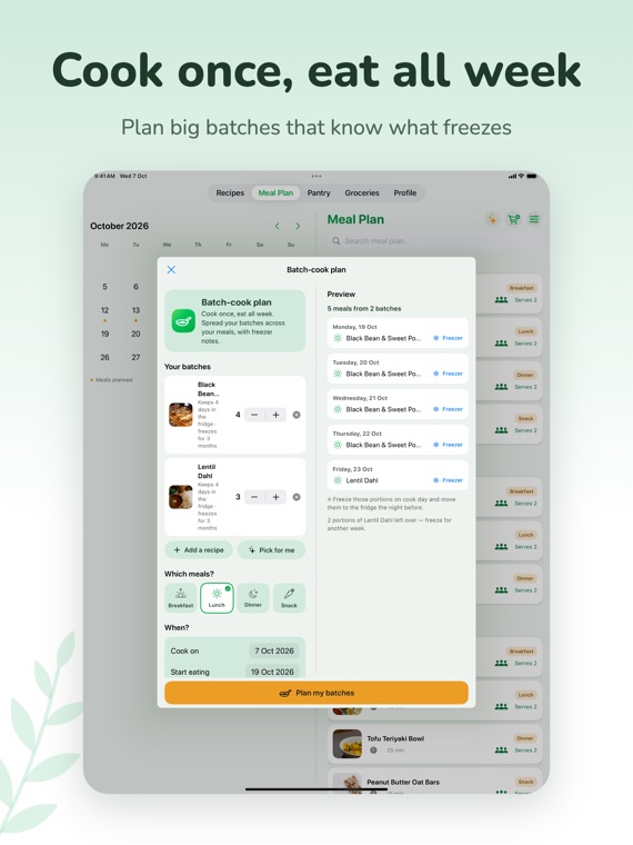VeggieMate on iPad: cook once, eat all week with the batch-cook planner