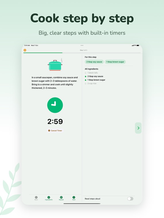 VeggieMate on iPad: Cooking Mode with big, clear steps and timers