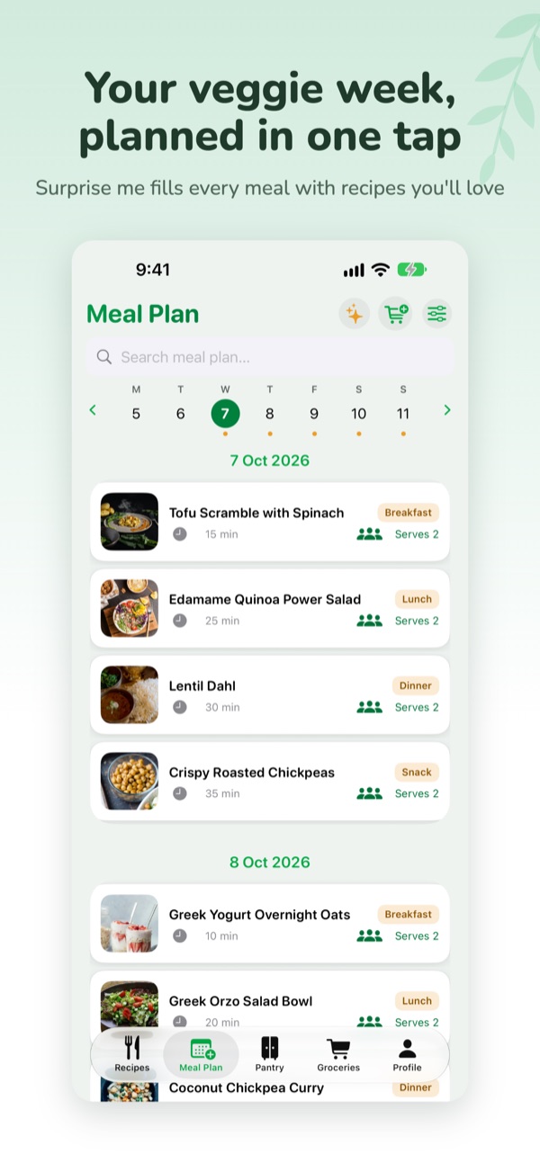 VeggieMate screenshot: Your veggie week, planned in one tap: Surprise me fills every meal