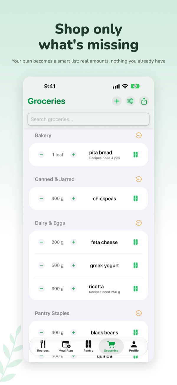 VeggieMate screenshot: Shop only what's missing: your plan becomes a smart grocery list