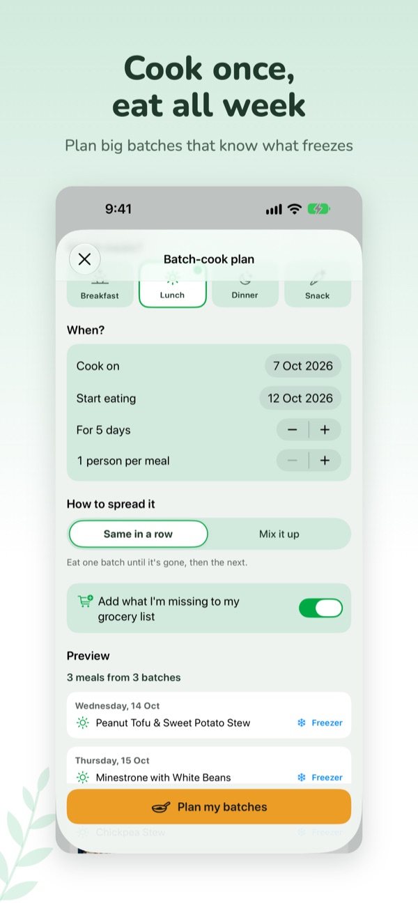 VeggieMate screenshot: Cook once, eat all week: the batch-cook planner knows what freezes