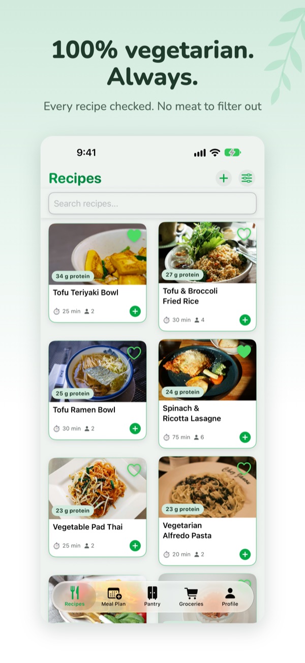 VeggieMate screenshot: 100% vegetarian, always: recipes with protein on every card