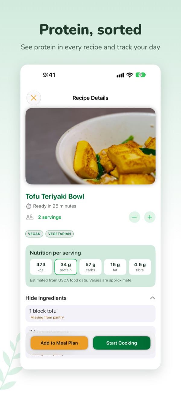 VeggieMate screenshot: Protein, sorted: see protein per serving on every recipe